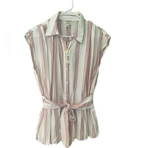 NEW Max Studio Western Cottagecore Pink & White Striped  Button Tie Top M